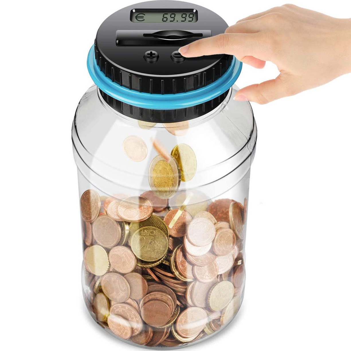 Euro monetų skaičiuojantis taupyklė, skaitmeninis monetų skaičiuojantis indas, elektroninė taupyklė, euro monetų skaitiklis, skaitmeninė taupyklė