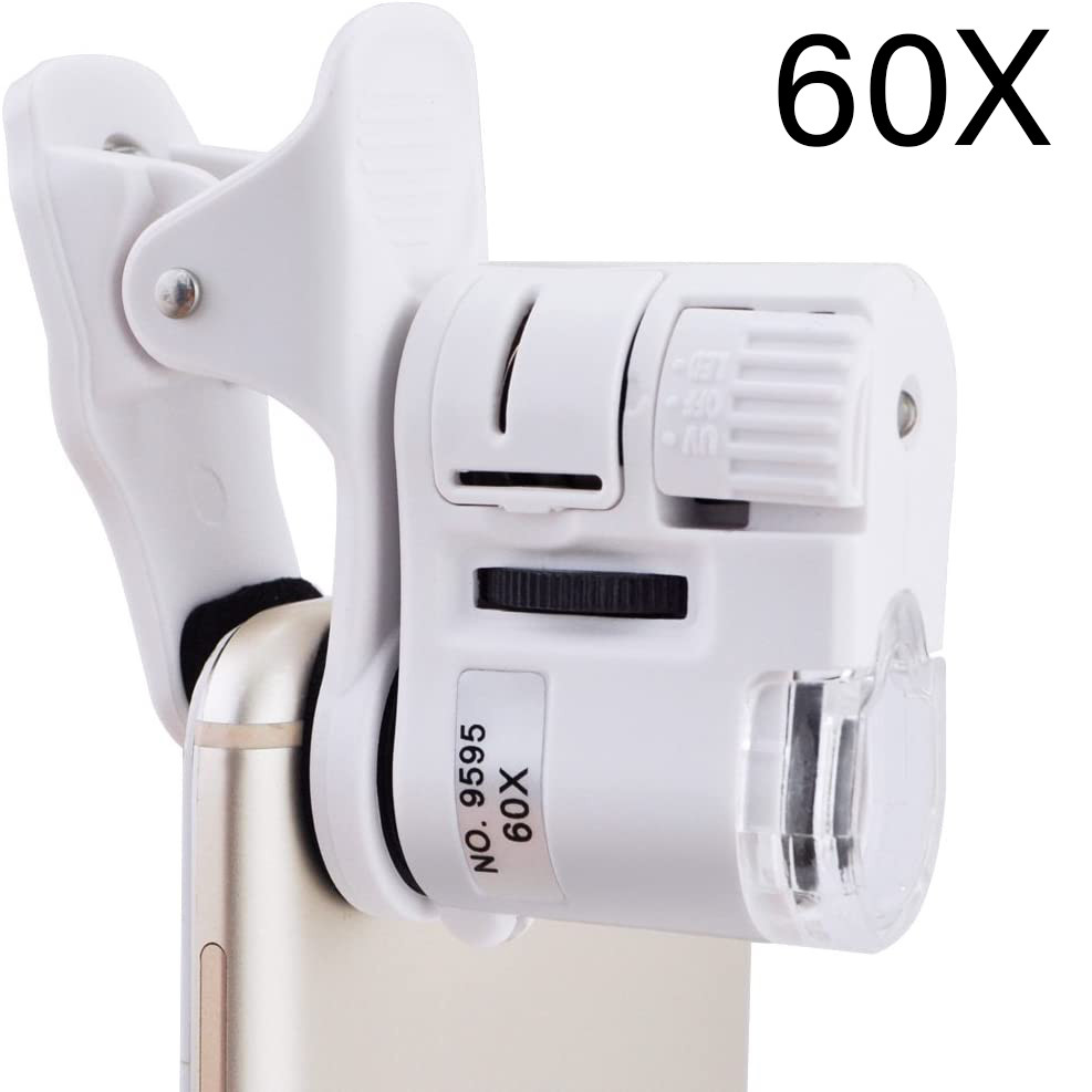 Telefono mikroskopas 60x telefono objektyvas su LED UV šviesa, telefoninis mikroskopas 60x, išmaniojo telefono mikroskopo objektyvas, 60 kartų telefono lupa, telefono lęšis su LED ir UV apšvietimu