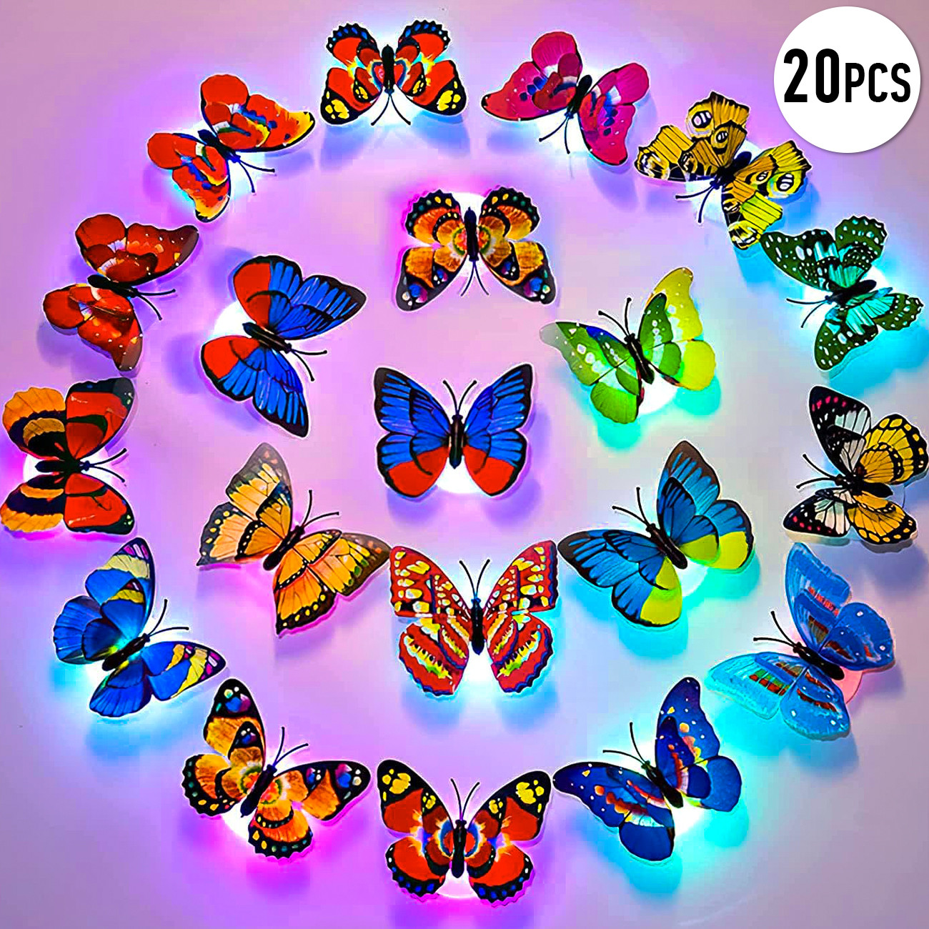 3D LED drugeliai, 20 vnt., drugelių sienų lipdukai, sieniniai drugelių lipdukai