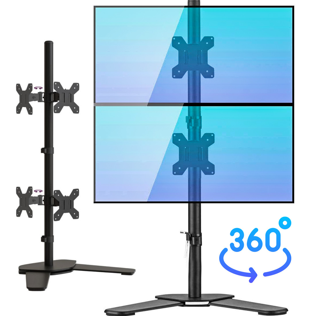Stovas dviem 27" monitoriams, dvigubas monitorių stovas, stovas 2 monitoriams, dvigubas ekrano stovas, monitorių laikiklis dviem monitoriams