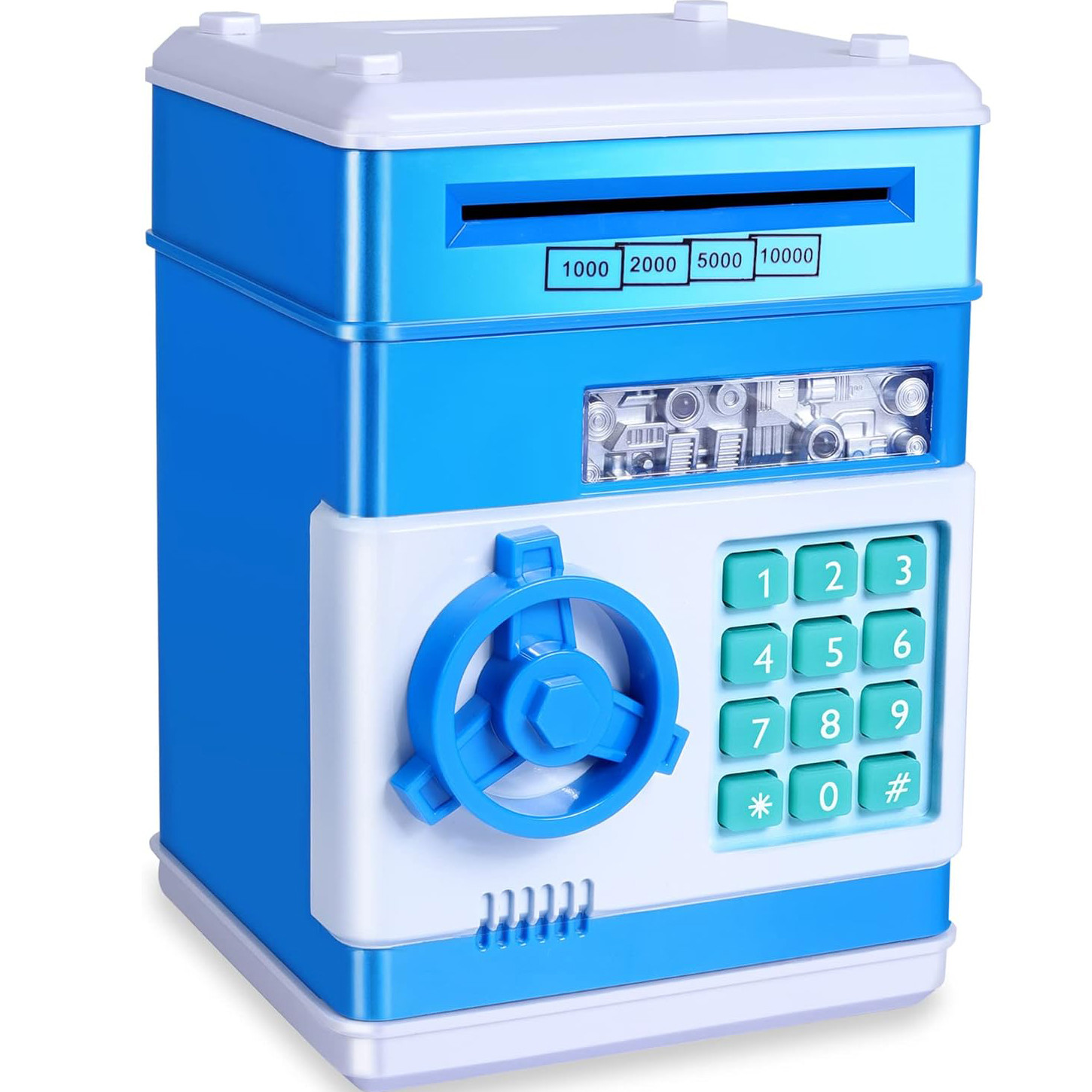 Seifas – taupyklė su PIN kodu, mėlyna, elektroninė taupyklė, pinigų dėžutė, pinigų seifas, elektroninis seifas, taupymo dėžutė