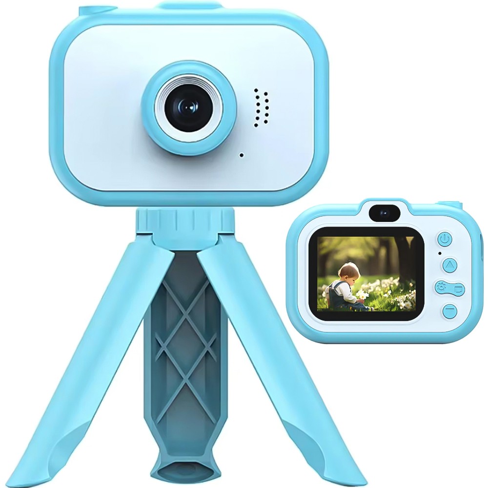 Vaikiškas skaitmeninis fotoaparatas su trikojį, mėlynas, vaikų fotoaparatas, vaikų skaitmeninis fotoaparatas, vaikams skirtas fotoaparatas, mėlynas vaikiškas fotoaparatas