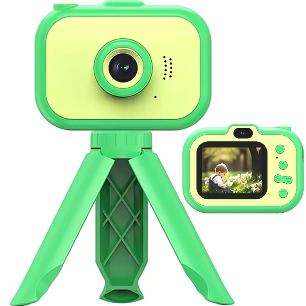 Vaikiškas skaitmeninis fotoaparatas su trikojį, žalias, vaikų fotoaparato žaislas, vaikų skaitmeninis fotoaparatas, žalias vaikiškas fotoaparatas, fotoaparatas vaikams su trikojį