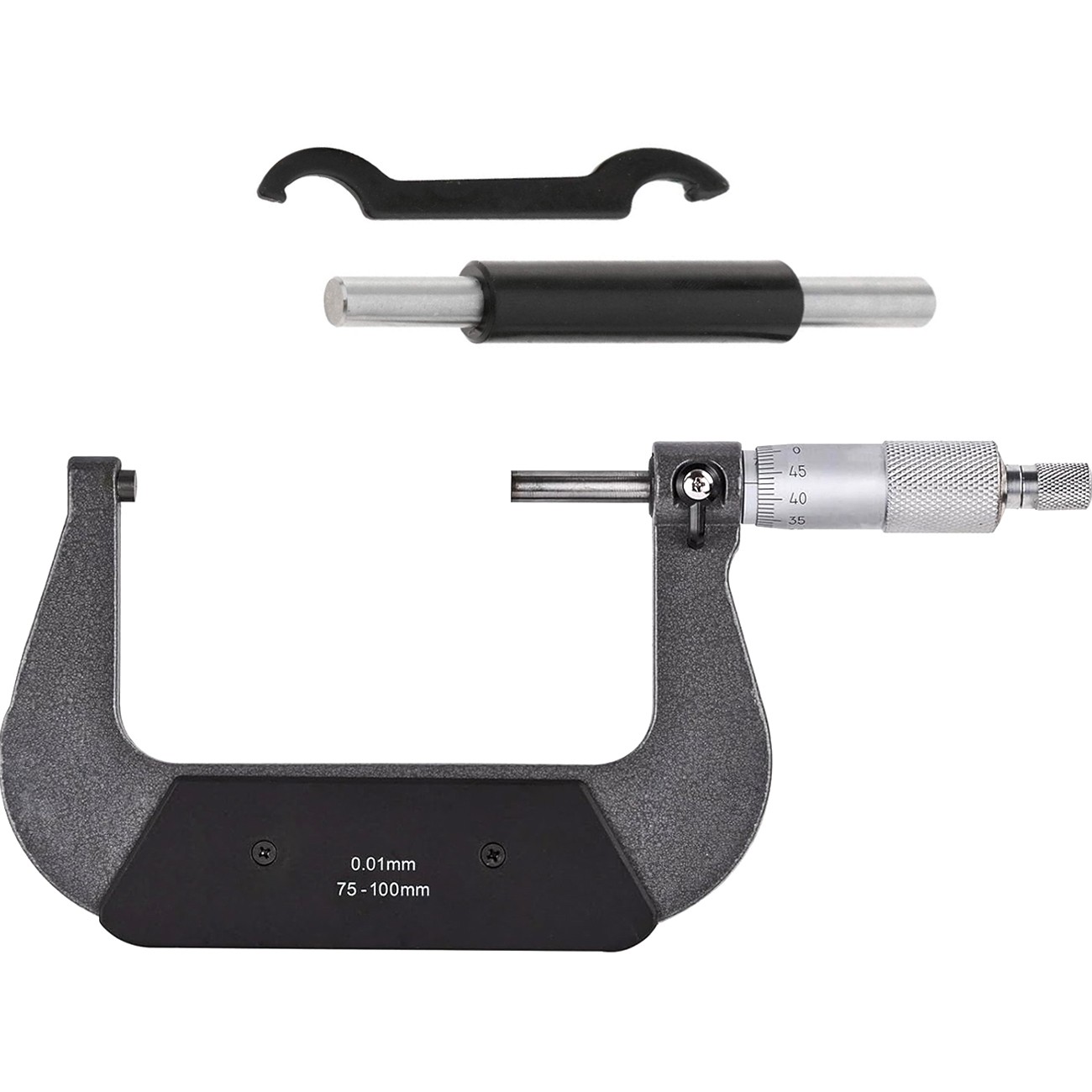 Aukšto tikslumo mechaninis mikrometras 75–100 mm su karbidine galvute ir priedų rinkiniu išoriniam skersmeniui matuoti, 0,01 mm raiška, mikrometras 75–100 mm, mechaninis mikrometras, išorinis mikrometras, precizinis mikrometras
