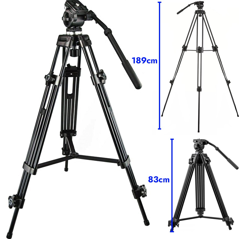 Aliuminio lydinio fotoaparato trikojis su dvipuse vaizdo galvute, 1890 mm maks. aukštis, 8 kg fotoaparato apkrova, kamerų trikojis, foto trikojo stovas, vaizdo trikojo stovas