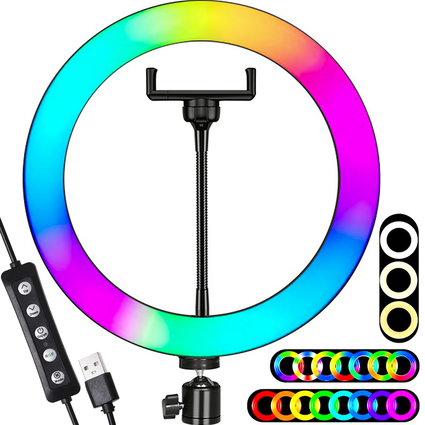 RGB žiedinė lempa 26 cm su telefono laikikliu, LED žiedas, žiedinė RGB lempa, žiedinė LED lempa, telefono laikiklio žiedinė lempa