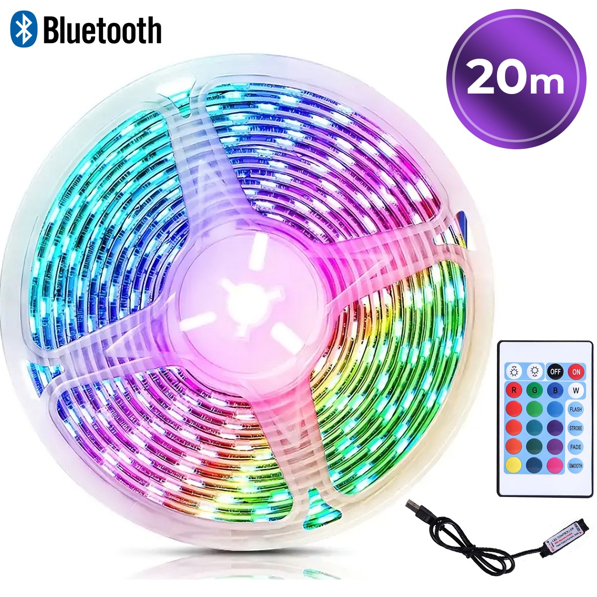 20 m RGB LED juostelė su „Bluetooth“, LED juosta, šviesos juostelė, RGB šviesos juosta, LED lemputė juostelėje