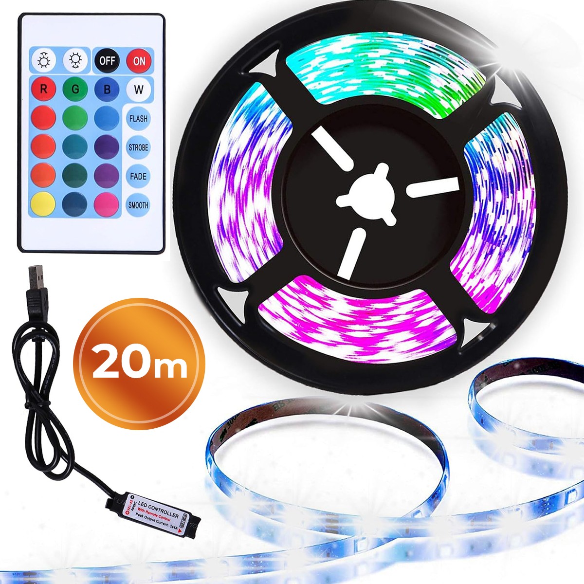 20 m RGB LED šviesos juostos rinkinys su pulteliu, 20 m RGB LED juosta su nuotolinio valdymo pultu, 20 m RGB LED juostelė su pulteliu