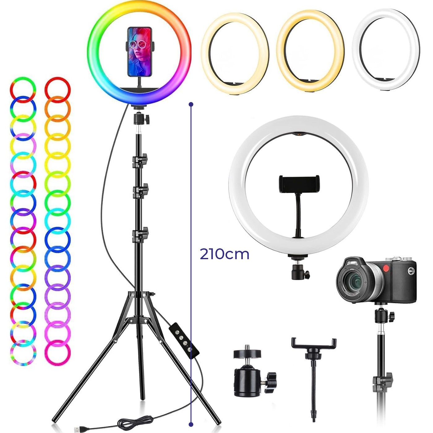 RGB žiedinė lempa su trikoju stovu, 242 cm telefono laikiklio žiedinė lempa, žiedinis šviestuvas, žiedinė šviesa su stovu, žiedinė lempa telefonui