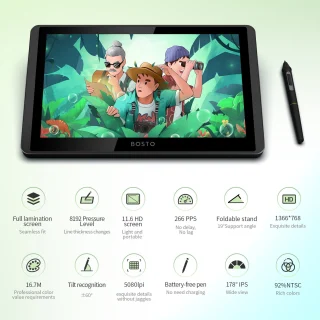 Piešimo planšetė su ekranu, grafinė planšetė Bosto, grafikos planšetės monitorius 11,6", piešimo planšetė Bosto, grafinė planšetė su ekranu 11,6" 7