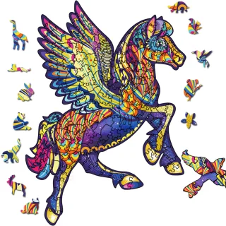 Medinė dėlionė 100 detalių, sparnuoto arklio dėlionė, pegaso dėlionė, medinis galvosūkis su sparnuotu arkliu, medinis galvosūkis su pegasu