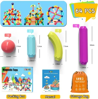 Magnetinių kaladėlių vamzdelių rinkinys 64 vnt., magnetinis konstravimo rinkinys, magnetinės kaladėlės, magnetinis rinkinys vamzdeliai 10