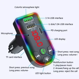 Bluetooth 5.0 automobilinis FM siųstuvas moduliatorius, „Bluetooth“ automobilinis adapteris F7, automobilinis Bluetooth FM siųstuvas, automobilių FM moduliatorius, „Bluetooth“ adapteris automobiliui 2