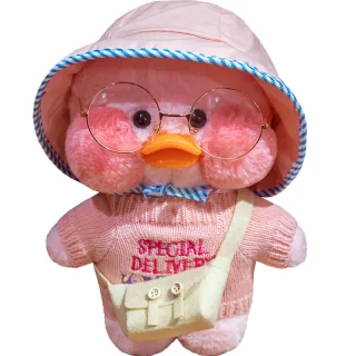 Minkštas pliušinis Lalafanfan antinas su rožine skrybėlaite, 32 cm, pliušinis Lalafanfan žaislas, Lalafanfan žaislinis antinas, minkštas Lalafanfan žaislas