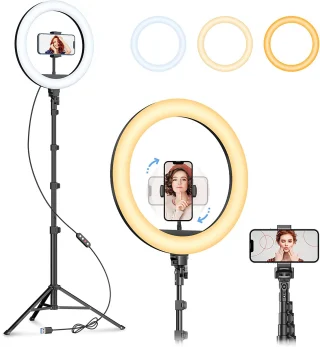 Žiedinė lempa su trikoju 160 cm, LED žiedinė lempa 26 cm, trikojo laikiklis 2 telefonams, žiedinė šviesa, LED žiedas su stovu 6