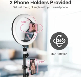 Žiedinė lempa su trikoju 160 cm, LED žiedinė lempa 26 cm, trikojo laikiklis 2 telefonams, žiedinė šviesa, LED žiedas su stovu 7