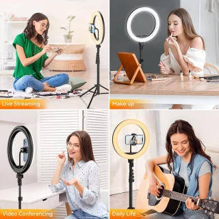 Žiedinė lempa su trikoju 160 cm, LED žiedinė lempa 26 cm, trikojo laikiklis 2 telefonams, žiedinė šviesa, LED žiedas su stovu 10