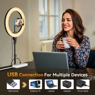 Žiedinė lempa su trikoju 160 cm, LED žiedinė lempa 26 cm, trikojo laikiklis 2 telefonams, žiedinė šviesa, LED žiedas su stovu 11