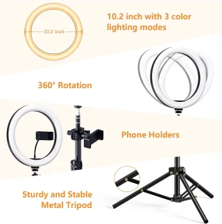 Žiedinė lempa su trikoju 160 cm, LED žiedinė lempa 26 cm, trikojo laikiklis 2 telefonams, žiedinė šviesa, LED žiedas su stovu 3