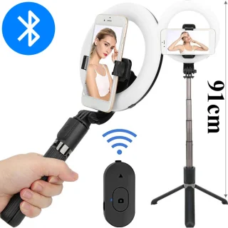LED žiedinė lempa asmenukėms su trikojį lazda, 16 cm žiedinė lempa, trikojis su lempute, žiedinė šviesa, asmenukių lazda su žiedine lempa