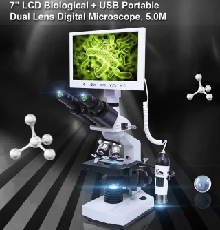 Biologinis mikroskopas su 2 objektyvais ir ekranu 1600X, mikroskopas su dviem objektyvais, biologinis mikroskopas su ekranu 3