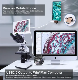 Biologinis mikroskopas su 2 objektyvais ir ekranu 1600X, mikroskopas su dviem objektyvais, biologinis mikroskopas su ekranu 5