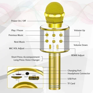 Belaidis auksinis karaokės mikrofonas, vaikų karaokės mikrofonas, „Bluetooth“ karaokės mikrofonas, karaokės mikrofonas vaikams, belaidis karaokės mikrofonas, auksinis karaoke mikrofonas 7