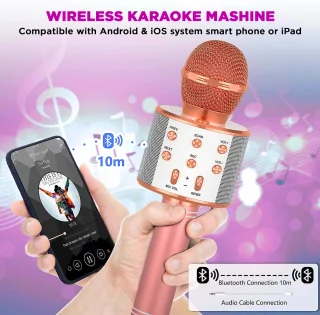Belaidis rožinis karaokės mikrofonas, vaikų karaokės mikrofonas, „Bluetooth“ karaokės mikrofonas, belaidis mikrofonas vaikams, karaokės mikrofonas vaikams, rožinis mikrofonas karaokei 5