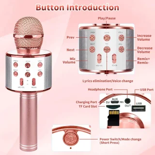 Belaidis rožinis karaokės mikrofonas, vaikų karaokės mikrofonas, „Bluetooth“ karaokės mikrofonas, belaidis mikrofonas vaikams, karaokės mikrofonas vaikams, rožinis mikrofonas karaokei 8