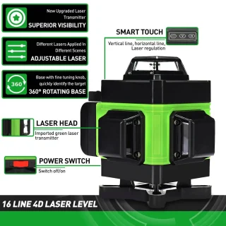 Žalias lazerinis nivelyras 16X, 4D lazerinis nivelyras, kryžminis linijinis lazerinis nivelyras, lazerinis lygio matuoklis, lazerinis kryžminis nivelyras 5