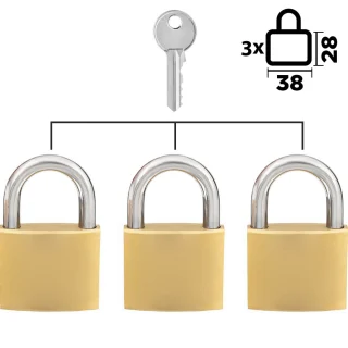 3 spynos komplekte (ta pati rakto kombinacija), vienodais raktais rakinamos spynos, 38 mm spynos