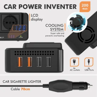 Automobilinis maitinimo keitiklis, 200 W, 12V į 220V keitiklis, automobilinis įtampos keitiklis, automobilinis inverteris, 12V į 220V automobilinis inverteris 2