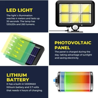 Saulės LED apsauginis šviestuvas, saulės judesio jutiklio šviestuvas, lempa su saulės baterija, 120 LED, saulės LED lauko lempa, saulės LED prožektorius, saulės LED šviestuvas su judesio jutikliu 6