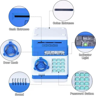 Seifas – taupyklė su PIN kodu, mėlyna, elektroninė taupyklė, pinigų dėžutė, pinigų seifas, elektroninis seifas, taupymo dėžutė 4