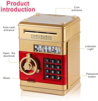 Seifas – taupyklė su PIN kodu, auksinė, elektroninė taupyklė, seifas taupyklė, elektroninis seifas taupyklė, pinigų seifas, piniginė taupyklė 6