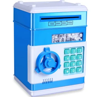 Seifas – taupyklė su PIN kodu, mėlyna, elektroninė taupyklė, pinigų dėžutė, pinigų seifas, elektroninis seifas, taupymo dėžutė