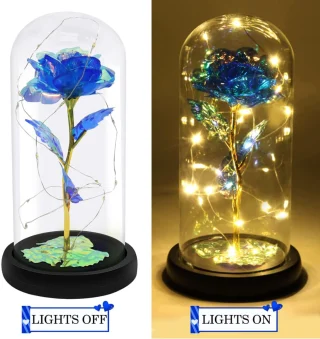 LED rožės gėlė, rožė stiklo kupole, dekoratyvinė mėlyna rožė su šviesele, LED rožė stiklo gaubte, mėlyna rožė kupole, šviečianti rožė po gaubtu 2