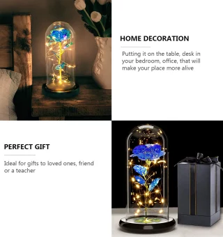LED rožės gėlė, rožė stiklo kupole, dekoratyvinė mėlyna rožė su šviesele, LED rožė stiklo gaubte, mėlyna rožė kupole, šviečianti rožė po gaubtu 3