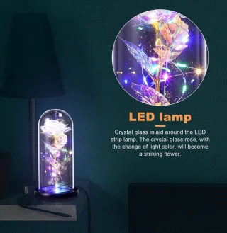 LED rožės gėlė, rožė stiklo kupole, dekoratyvinė balta rožė su švieselėmis, šviečianti rožė, rožė po stiklu, rožė kupole 3
