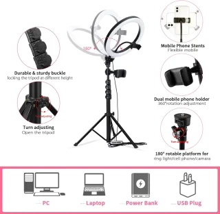 RGB žiedinė lempa su trikojį 192 cm stovu, telefono laikikliu, žiedinis šviestuvas su stovu, RGB žiedas su telefono laikikliu 7