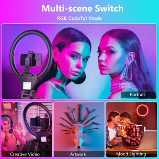 RGB žiedinė lempa su trikojį 192 cm stovu, telefono laikikliu, žiedinis šviestuvas su stovu, RGB žiedas su telefono laikikliu 5