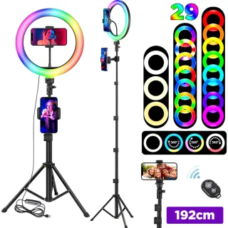 RGB žiedinė lempa su trikojį 192 cm stovu, telefono laikikliu, žiedinis šviestuvas su stovu, RGB žiedas su telefono laikikliu