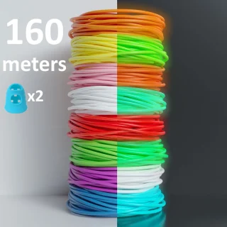 Švytintis PLA plastikas 3D rašikliui, 160 m, su piršto apsauga, plastikas 3D pieštukui, PLA siūlas 3D rašikliui, švytintis plastiko siūlas 3D rašikliui