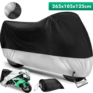 Neperšlampamas motociklo uždangalas, didelis 265x105x125 cm, su tvirtinimo dirželiais ir elastingu kraštu, motociklo danga, motociklo užvalkalas, motociklo apsauginis uždangalas, motociklo apsauginė danga