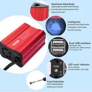 Automobilinis maitinimo keitiklis, 150 W, 12 V į 220 V keitiklis, automobilinis įtampos keitiklis, automobilinis inverteris, 12V–220V automobilinis keitiklis 5