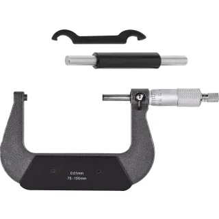 Aukšto tikslumo mechaninis mikrometras 75–100 mm su karbidine galvute ir priedų rinkiniu išoriniam skersmeniui matuoti, 0,01 mm raiška, mikrometras 75–100 mm, mechaninis mikrometras, išorinis mikrometras, precizinis mikrometras