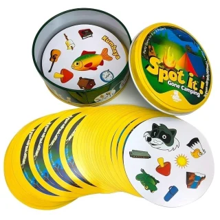Nešiojamas „Spot It“ kortų žaidimas „Fun Gone Camping“ leidimas, 55 apvalios kortos, kelioninio dydžio šeimos vakarėlių žaidimas, stalo žaidimas, kortelių žaidimas, kelioninis žaidimas 2
