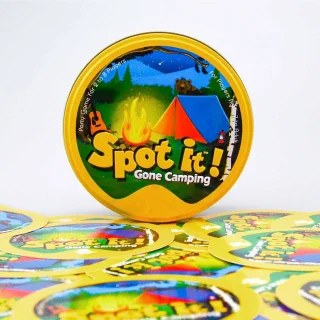 Nešiojamas „Spot It“ kortų žaidimas „Fun Gone Camping“ leidimas, 55 apvalios kortos, kelioninio dydžio šeimos vakarėlių žaidimas, stalo žaidimas, kortelių žaidimas, kelioninis žaidimas 3