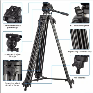 Aliuminio lydinio fotoaparato trikojis su dvipuse vaizdo galvute, 1890 mm maks. aukštis, 8 kg fotoaparato apkrova, kamerų trikojis, foto trikojo stovas, vaizdo trikojo stovas 4