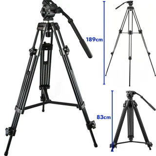 Aliuminio lydinio fotoaparato trikojis su dvipuse vaizdo galvute, 1890 mm maks. aukštis, 8 kg fotoaparato apkrova, kamerų trikojis, foto trikojo stovas, vaizdo trikojo stovas